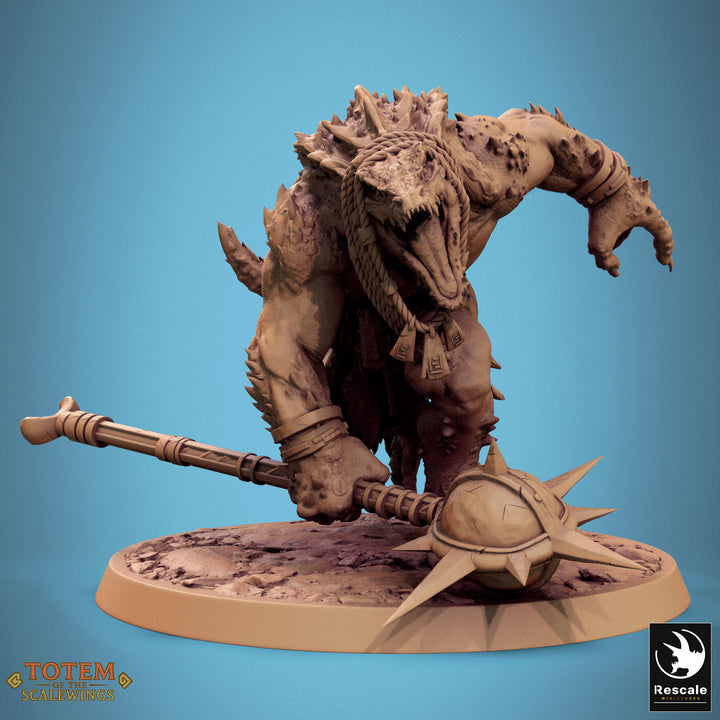 Lizardmen Champion Dreadscale unpainted resin lizardfolk miniature by Rescale Miniatures, 28-32mm DnD tabletop model.