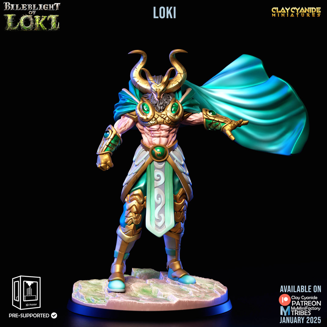 Loki unpainted resin character miniature by Clay Cyanide, 28-32mm DnD tabletop model.