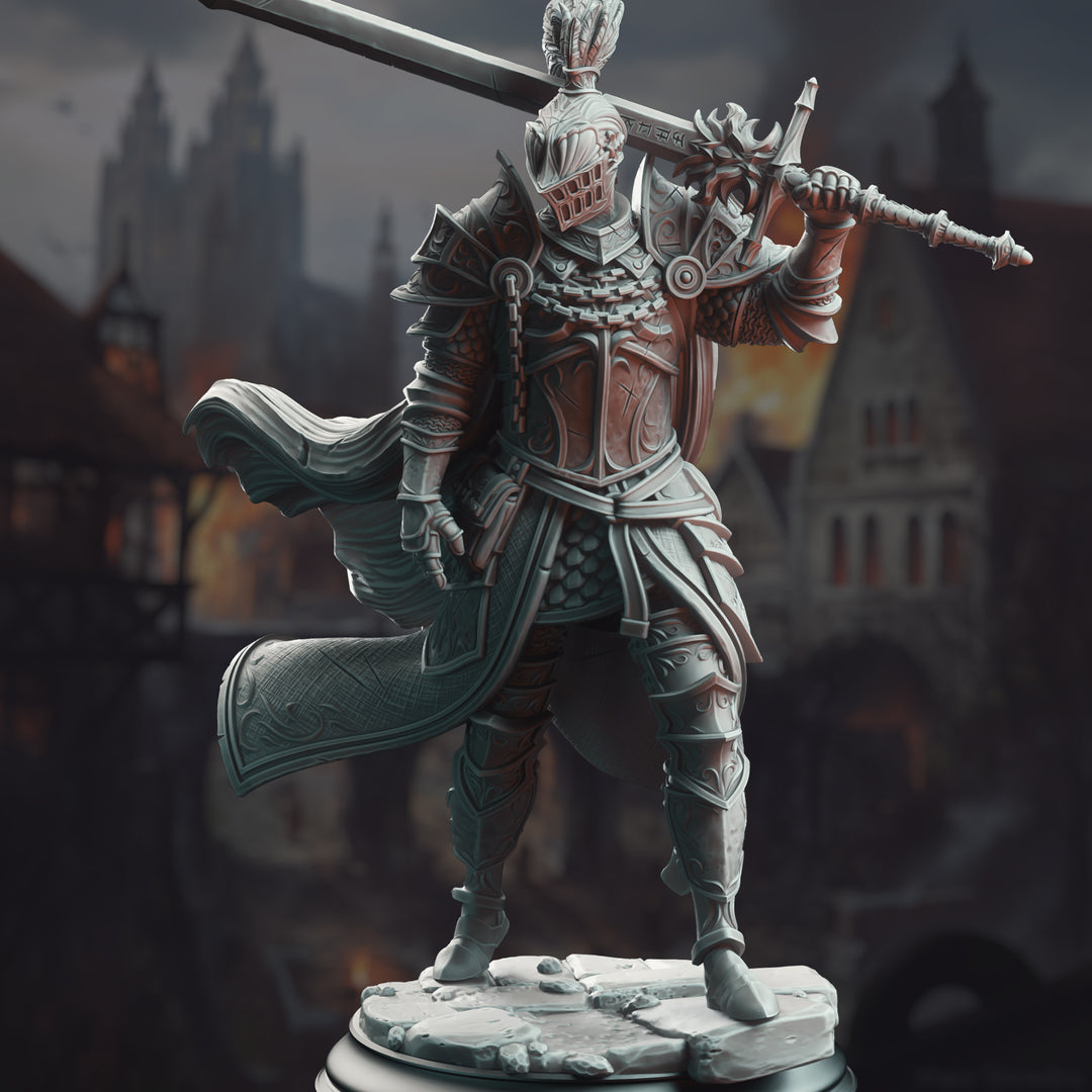 Knight of the Dusk - Lothar the Black unpainted resin knight miniature by DM Stash, 28-32mm DnD tabletop model.