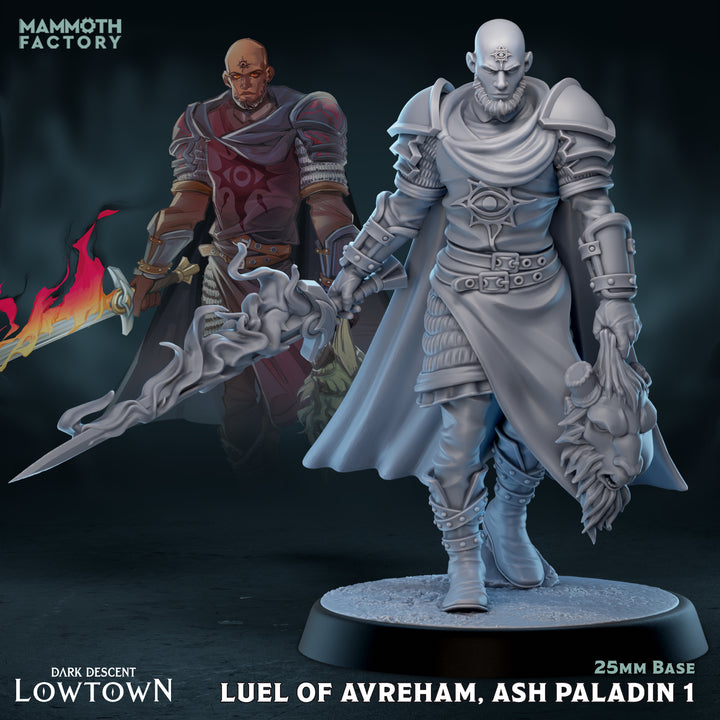 Luel of Avreham, Ash Paladin unpainted resin paladin miniature by Mammoth Factory, 28-32mm DnD tabletop model.