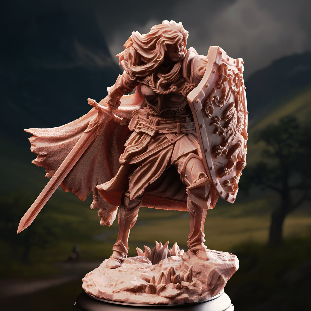 Female Human Fighter - Lydia the Untarnished unpainted resin fighter miniature by DM Stash, 28-32mm DnD tabletop model.