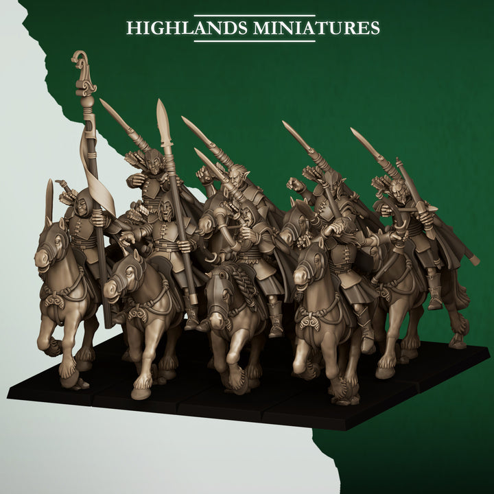 Mounted Feral Archers unpainted resin elf miniature by Highlands Miniatures, 28-32mm DnD tabletop model.