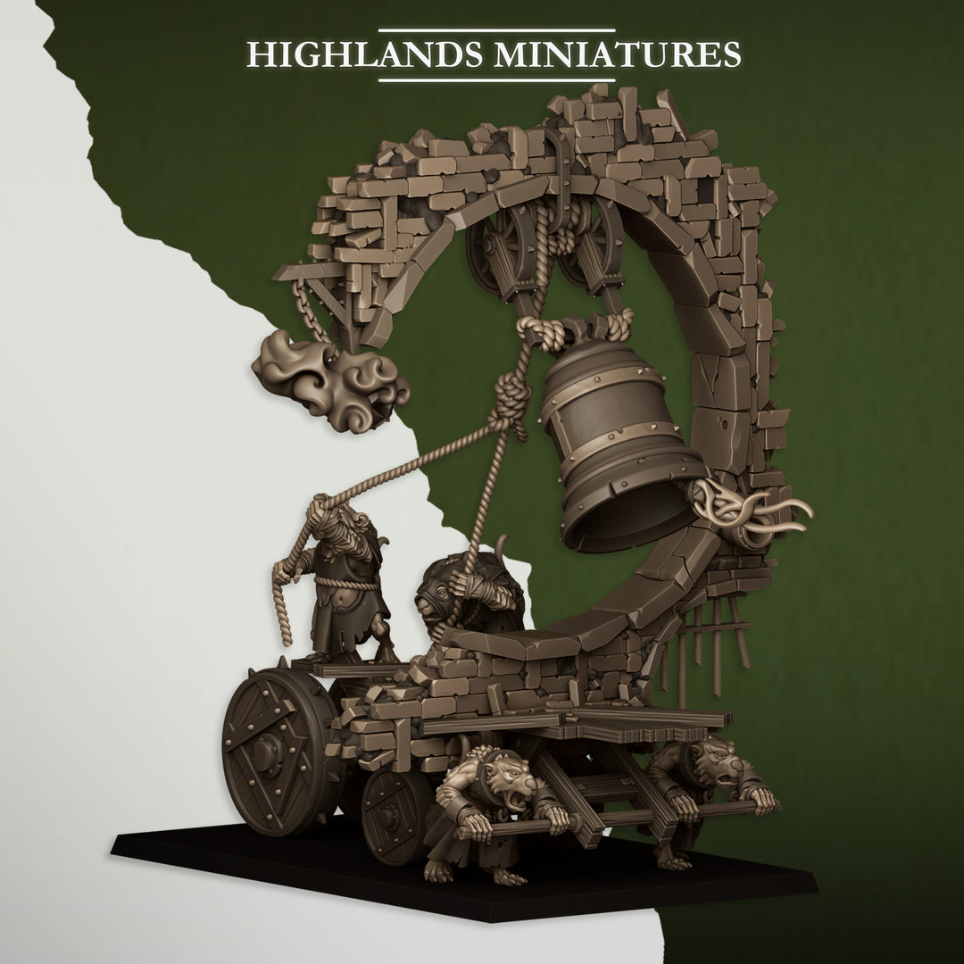 Moving Sewer with Bell and Censer unpainted resin ratfolk miniature by Highlands Miniatures, 28-32mm DnD tabletop model.