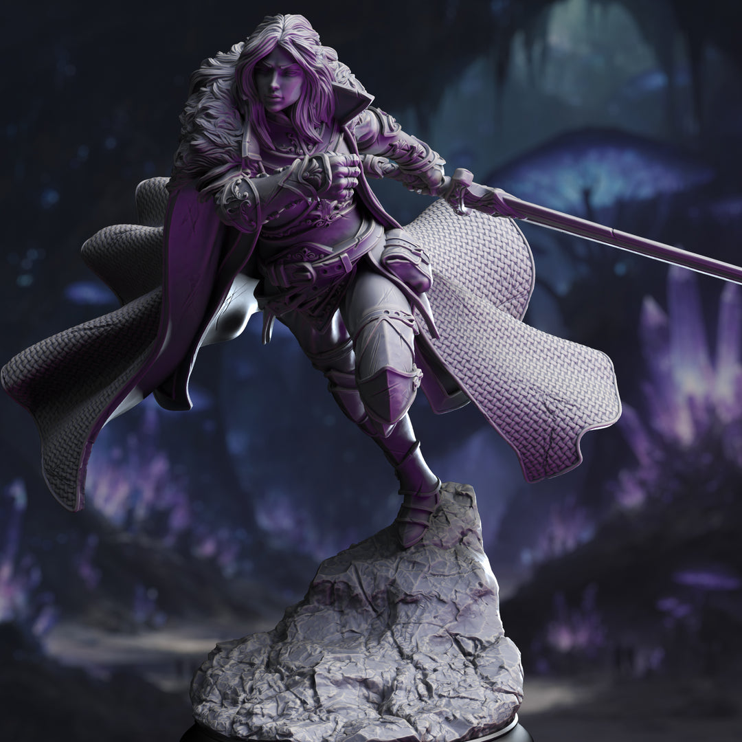 Female Human Fighter - Morgana Lynch unpainted resin fighter miniature by DM Stash, 28-32mm DnD tabletop model.