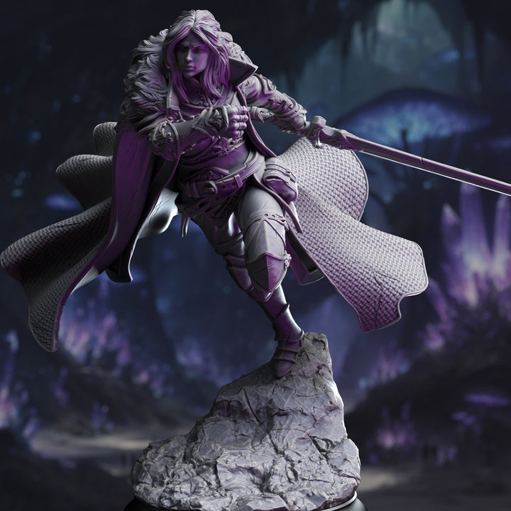 Female Human Fighter - Morgana Lynch unpainted resin fighter miniature by DM Stash, 28-32mm DnD tabletop model.