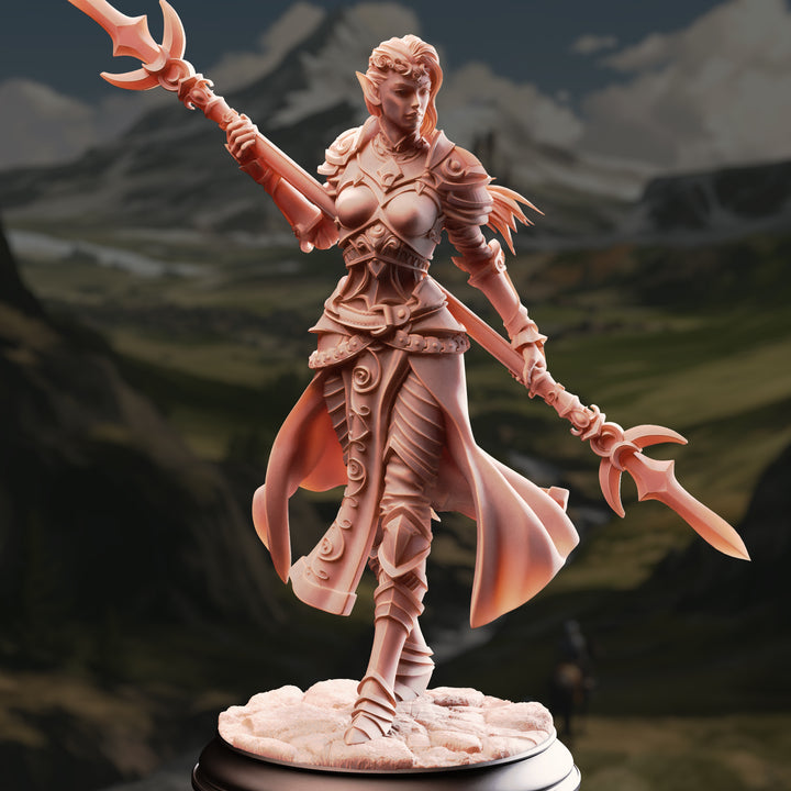 Drow paladin of the Crescent Moon - Ninera Glynvari unpainted resin elf miniature by DM Stash, 28-32mm DnD tabletop model.