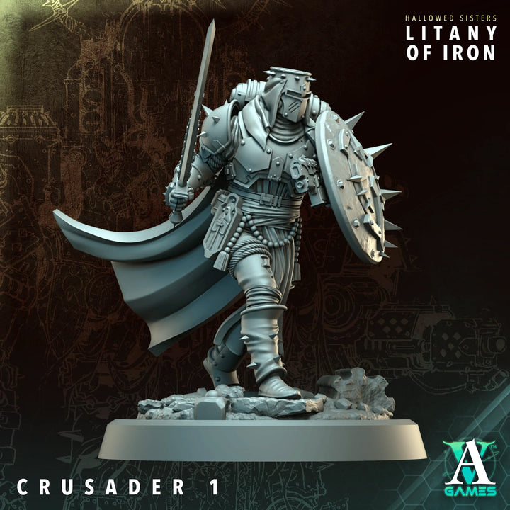 Crusaders unpainted resin crusader miniature by Archvillain Games, 28-32mm tabletop wargaming model.
