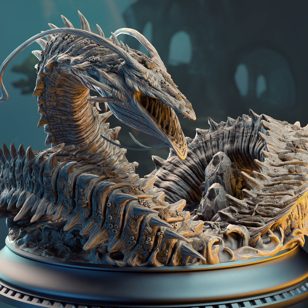 Ancient Leviathan of the Deep - Old Mawgrin unpainted resin dragon centerpiece miniature by DM Stash, 28-32mm DnD tabletop model.