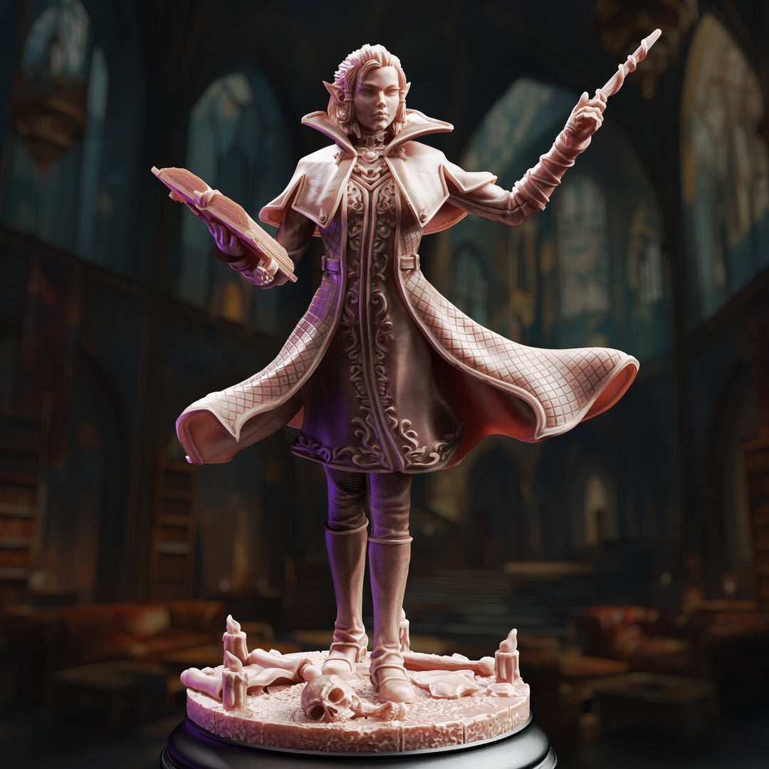 Necromancy Wizard - Headmistress Margaux de la Croix unpainted resin wizard miniature by DM Stash, 28-32mm DnD tabletop model.