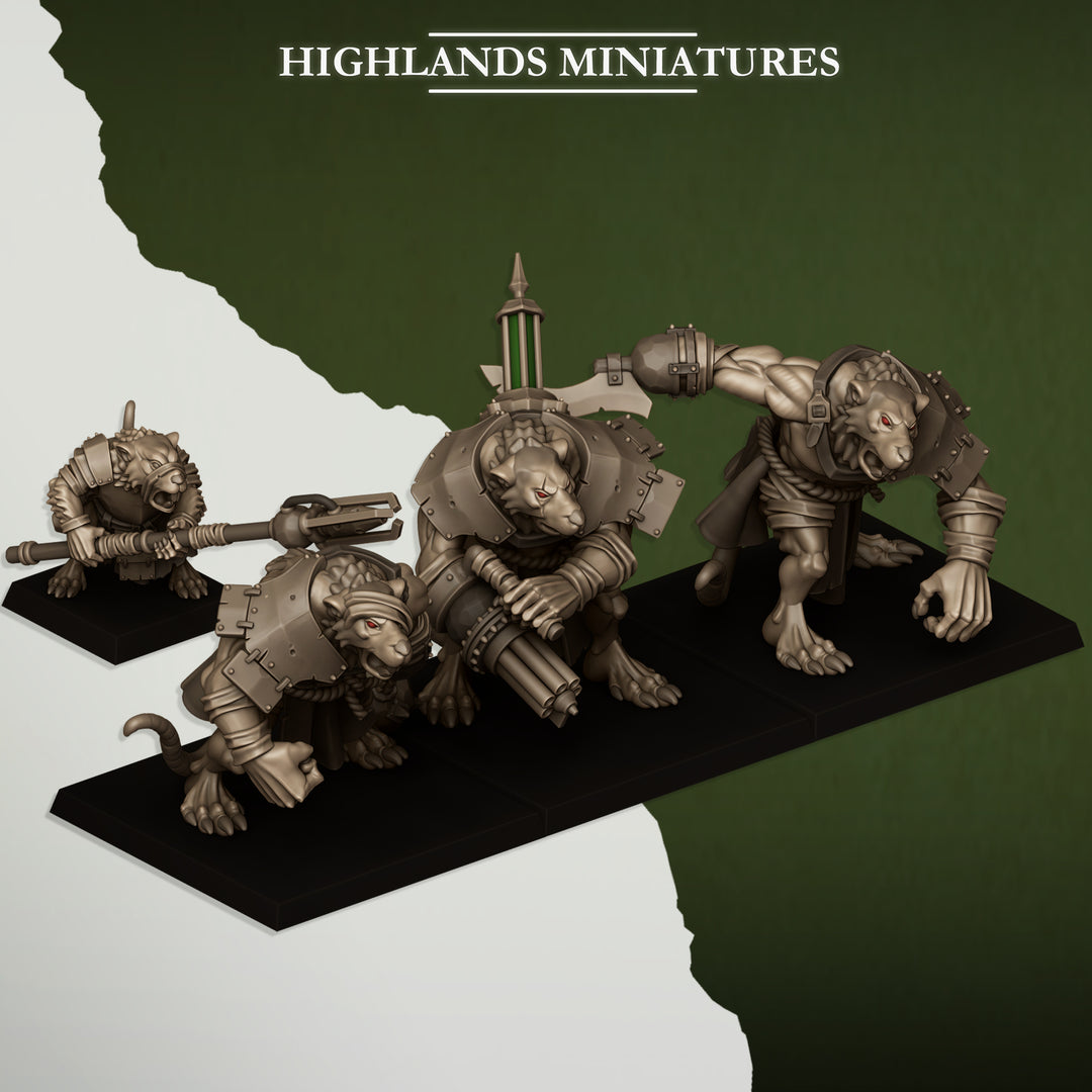 Ratgors and Ratgor Master unpainted resin ratfolk miniature by Highlands Miniatures, 28-32mm DnD tabletop model.