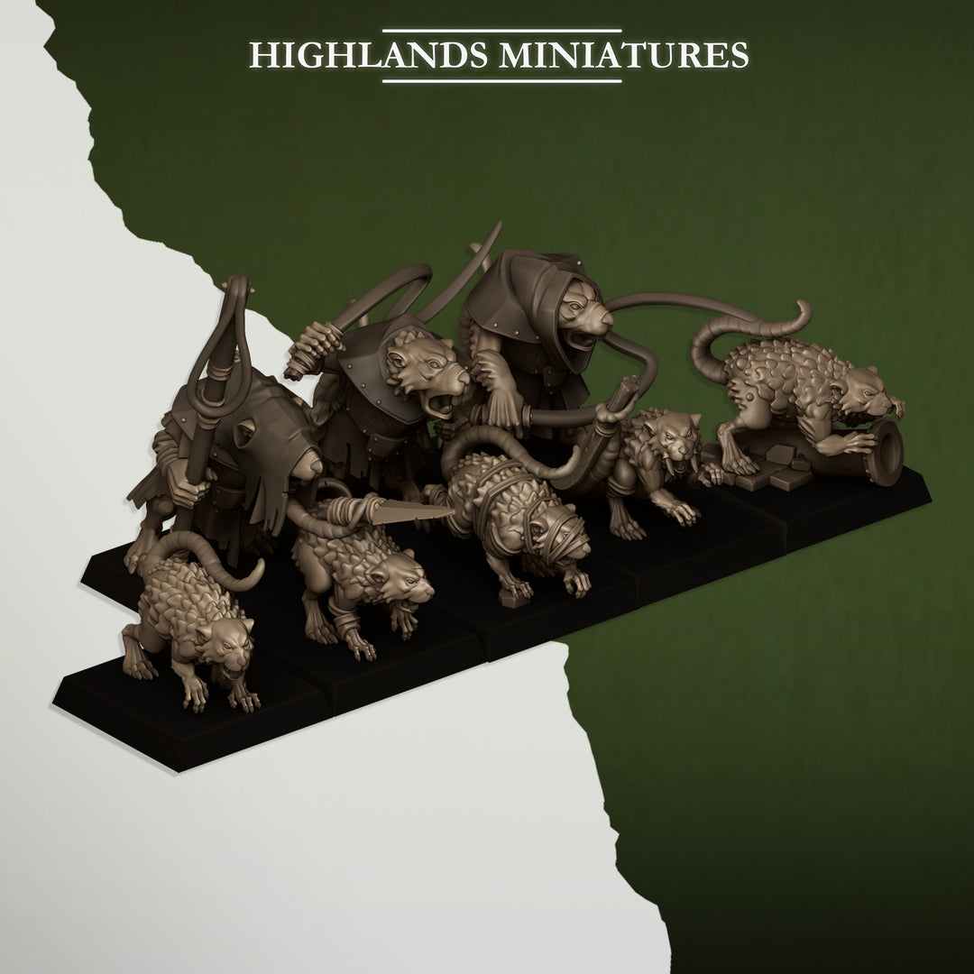 Rats and Rat Masters unpainted resin ratfolk miniature by Highlands Miniatures, 28-32mm DnD tabletop model.