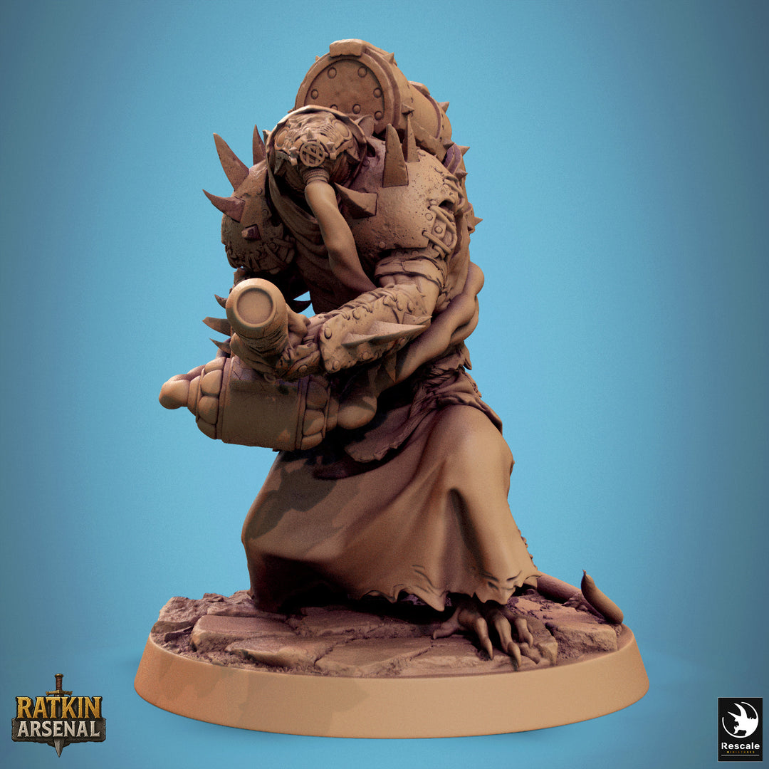 Ratfolk Plasma Plague unpainted resin ratfolk miniature by Rescale Miniatures, 28-32mm DnD tabletop model.