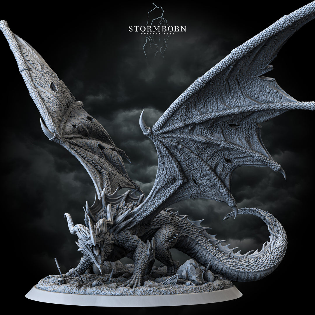 Ancient Red Dragon unpainted resin dragon centerpiece miniature by Stormborn Collectibles, 28-32mm DnD tabletop model.