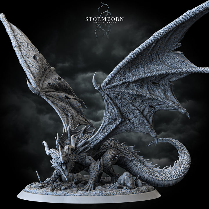 Ancient Red Dragon unpainted resin dragon centerpiece miniature by Stormborn Collectibles, 28-32mm DnD tabletop model.