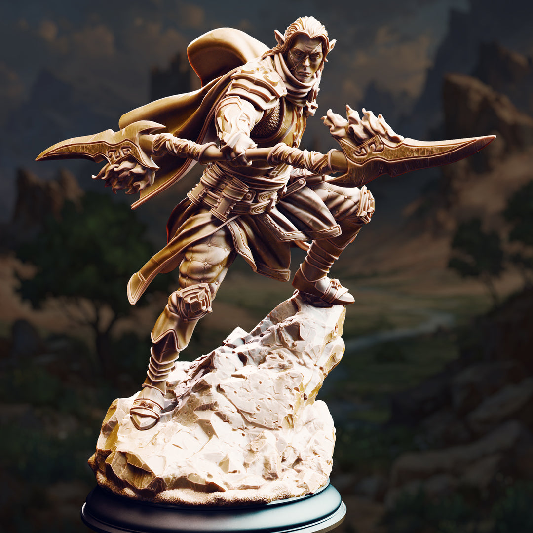 Sun Elf Elite Warrior - Reyvith the Valiant unpainted resin elf miniature by DM Stash, 28-32mm DnD tabletop model.