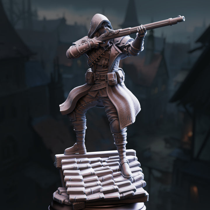 Sharpshooter Rogue - Richard "Sharpey" Pointer unpainted resin rogue miniature by DM Stash, 28-32mm DnD tabletop model.