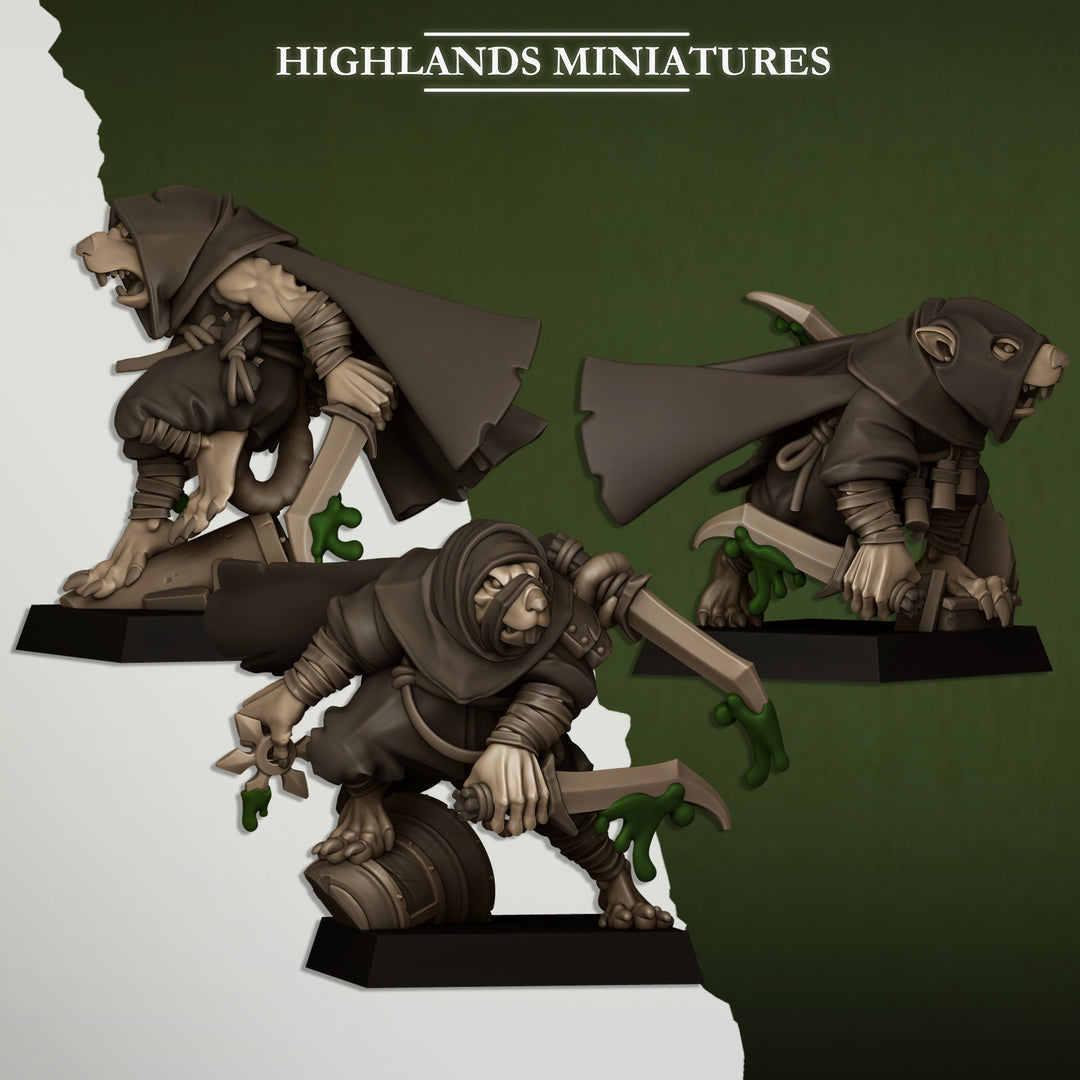 Sewer Vermin Assassins unpainted resin ratfolk miniature by Highlands Miniatures, 28-32mm DnD tabletop model.