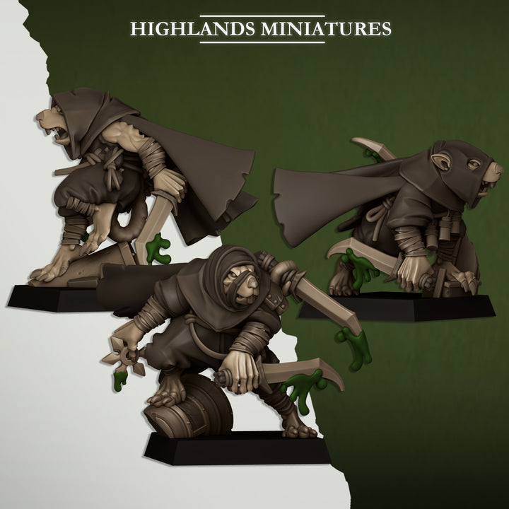 Sewer Vermin Assassins unpainted resin ratfolk miniature by Highlands Miniatures, 28-32mm DnD tabletop model.