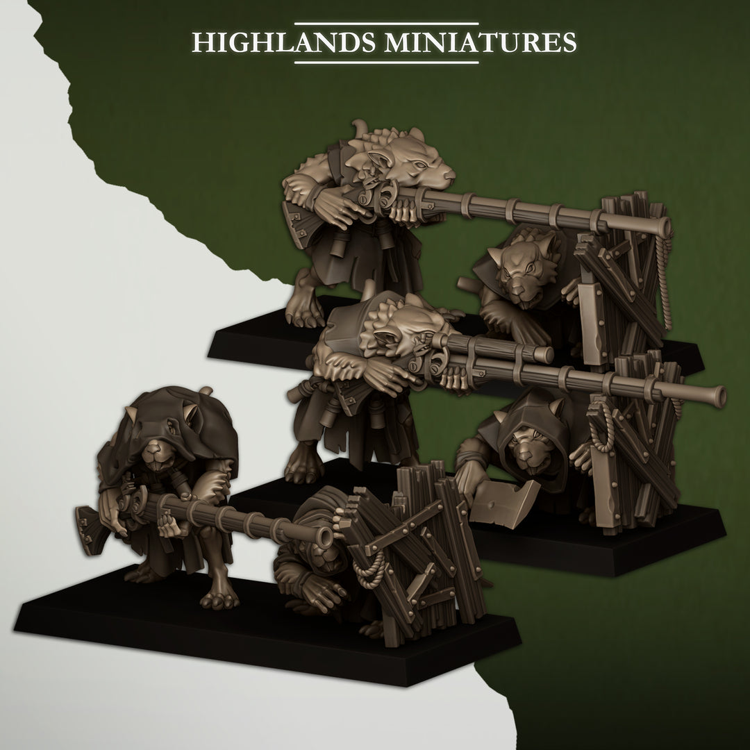 Vermin Shooters Teams unpainted resin ratfolk miniature by Highlands Miniatures, 28-32mm DnD tabletop model.