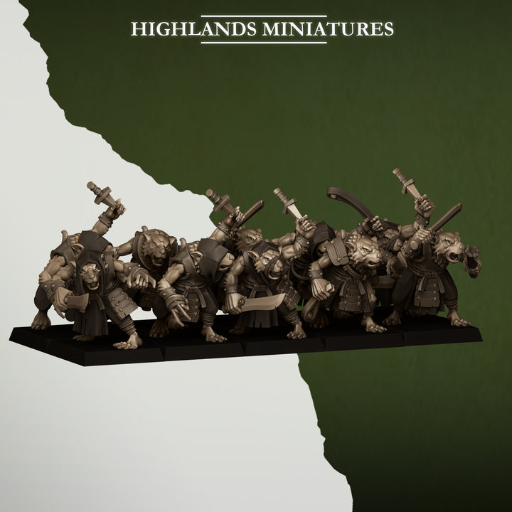 Sewer Vermin Thugs unpainted resin ratfolk miniature by Highlands Miniatures, 28-32mm DnD tabletop model.