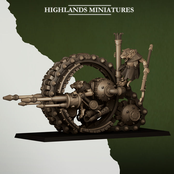 Sewer Vermin Wheeled Engine unpainted resin ratfolk miniature by Highlands Miniatures, 28-32mm DnD tabletop model.