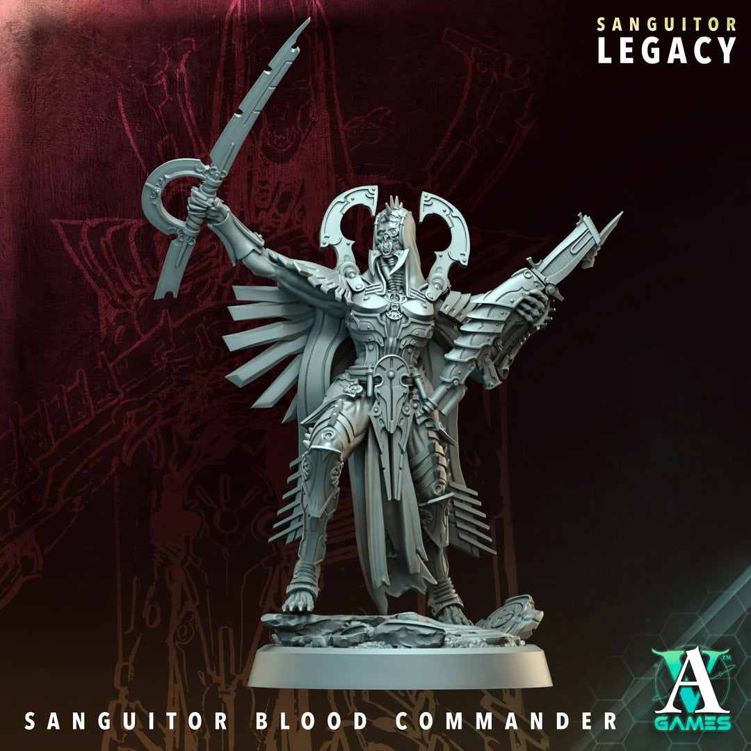 Sanguitor Blood Commander unpainted resin miniature by Archvillain Games, 28-32mm tabletop wargaming model.