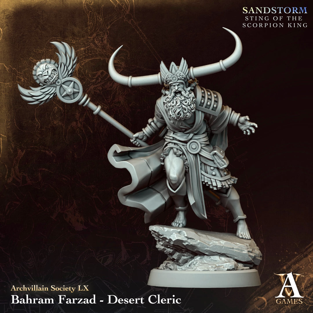Bahram Farzard - Desert Cleric unpainted resin cleric miniature by Archvillain Games, 28-32mm DnD tabletop model.