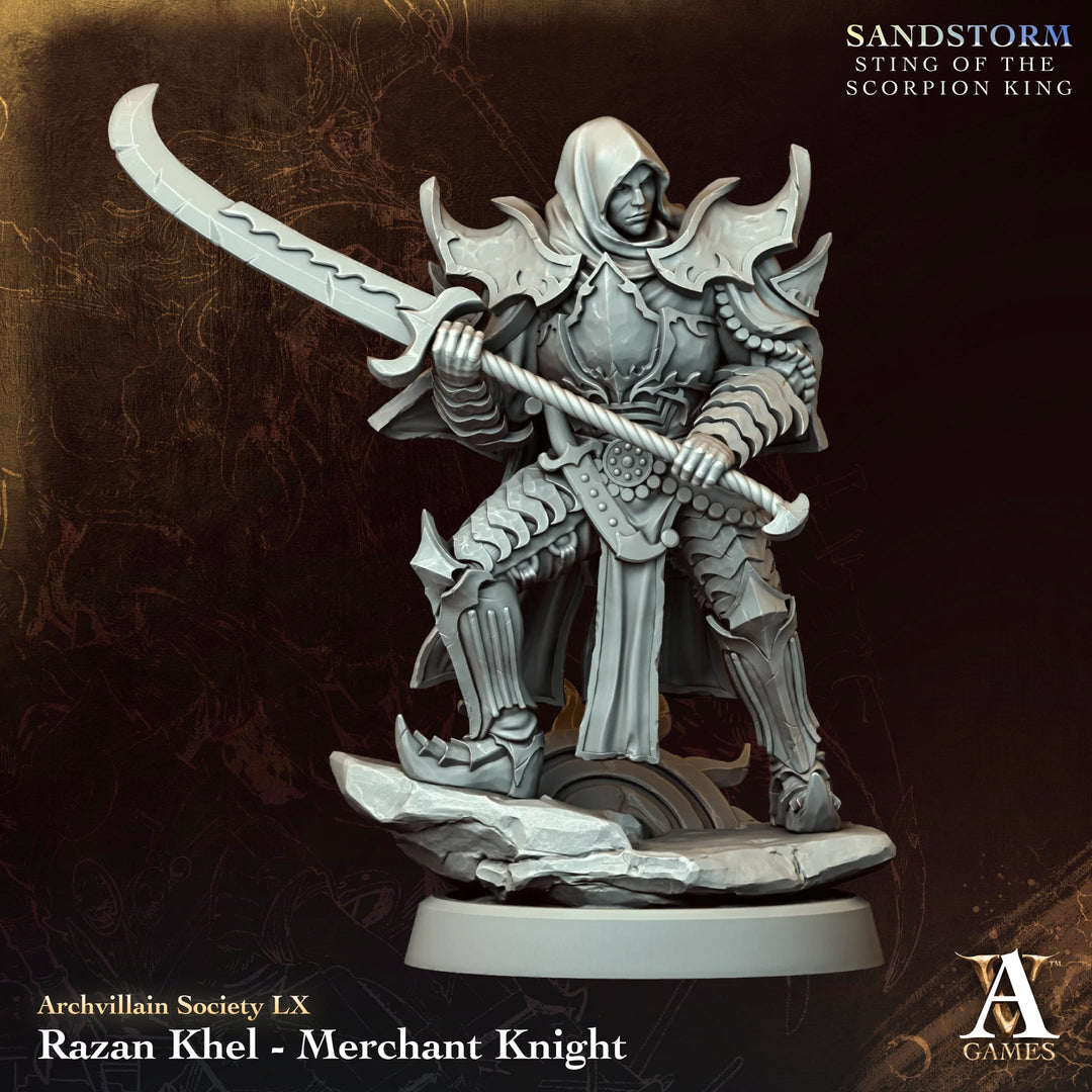 Razan Khel - Merchant Knight unpainted resin knight miniature by Archvillain Games, 28-32mm DnD tabletop model.