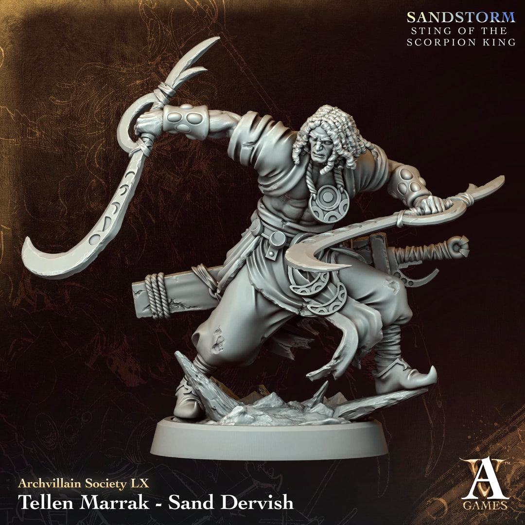 Tellen Marrak - Sand Dervish unpainted resin character miniature by Archvillain Games, 28-32mm DnD tabletop model.
