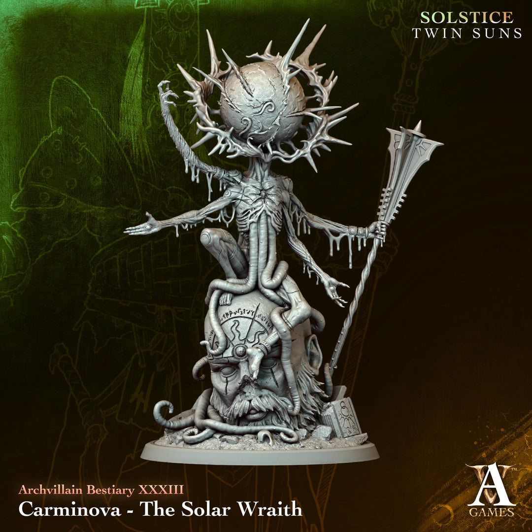 Carminova - The Solar Wraith unpainted resin undead miniature by Archvillain Games, 28-32mm DnD tabletop model.
