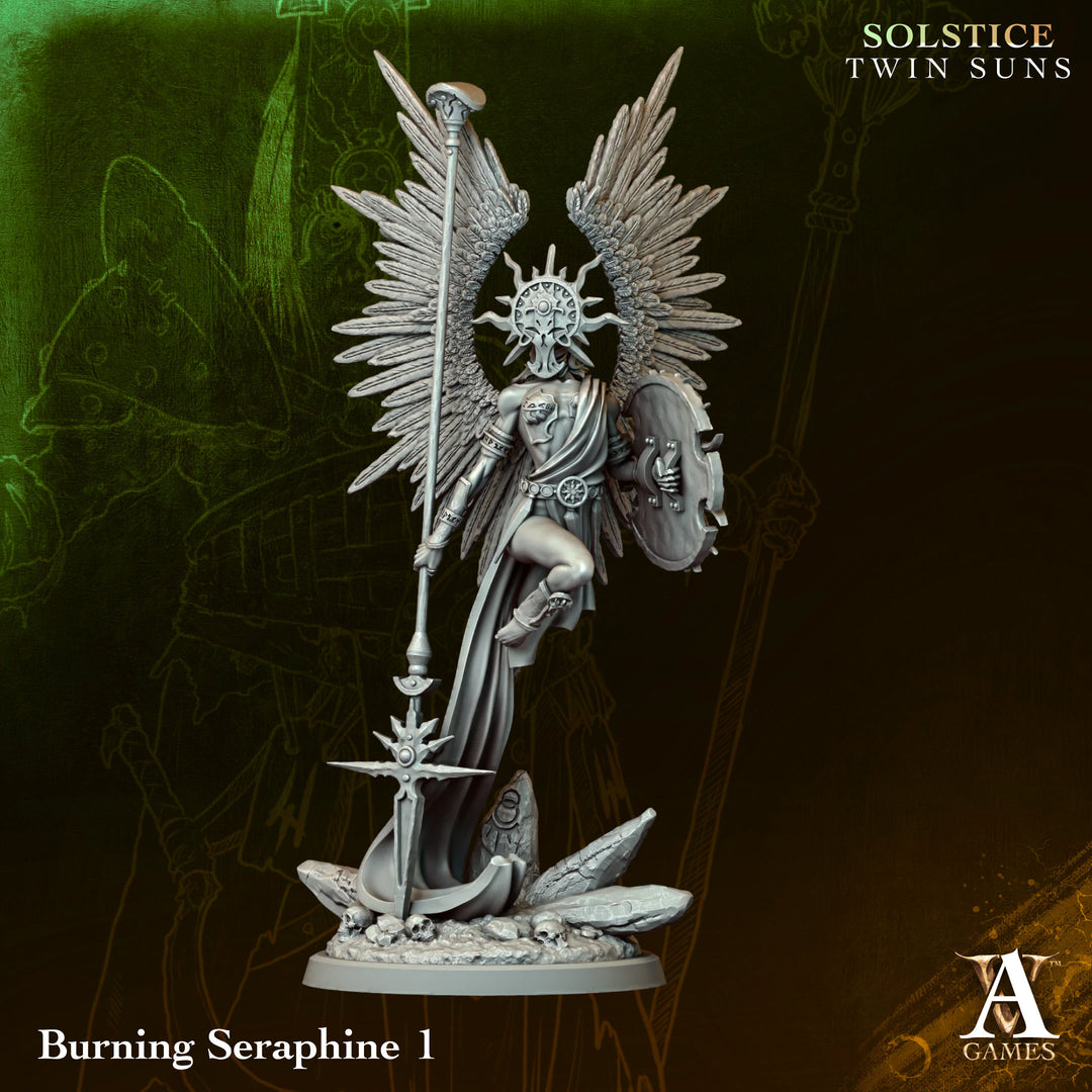 Burning Seraphines unpainted resin angel miniature by Archvillain Games, 28-32mm DnD tabletop model.