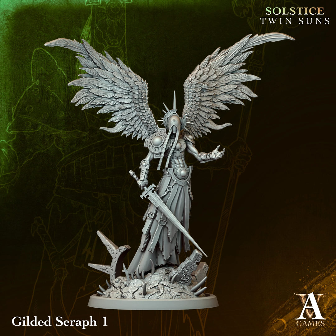 Gilded Seraphs unpainted resin angel miniature by Archvillain Games, 28-32mm DnD tabletop model.