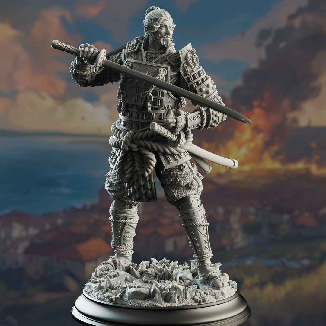 Wandering Samurai - Saburo Ryu unpainted resin character miniature by DM Stash, 28-32mm DnD tabletop model.
