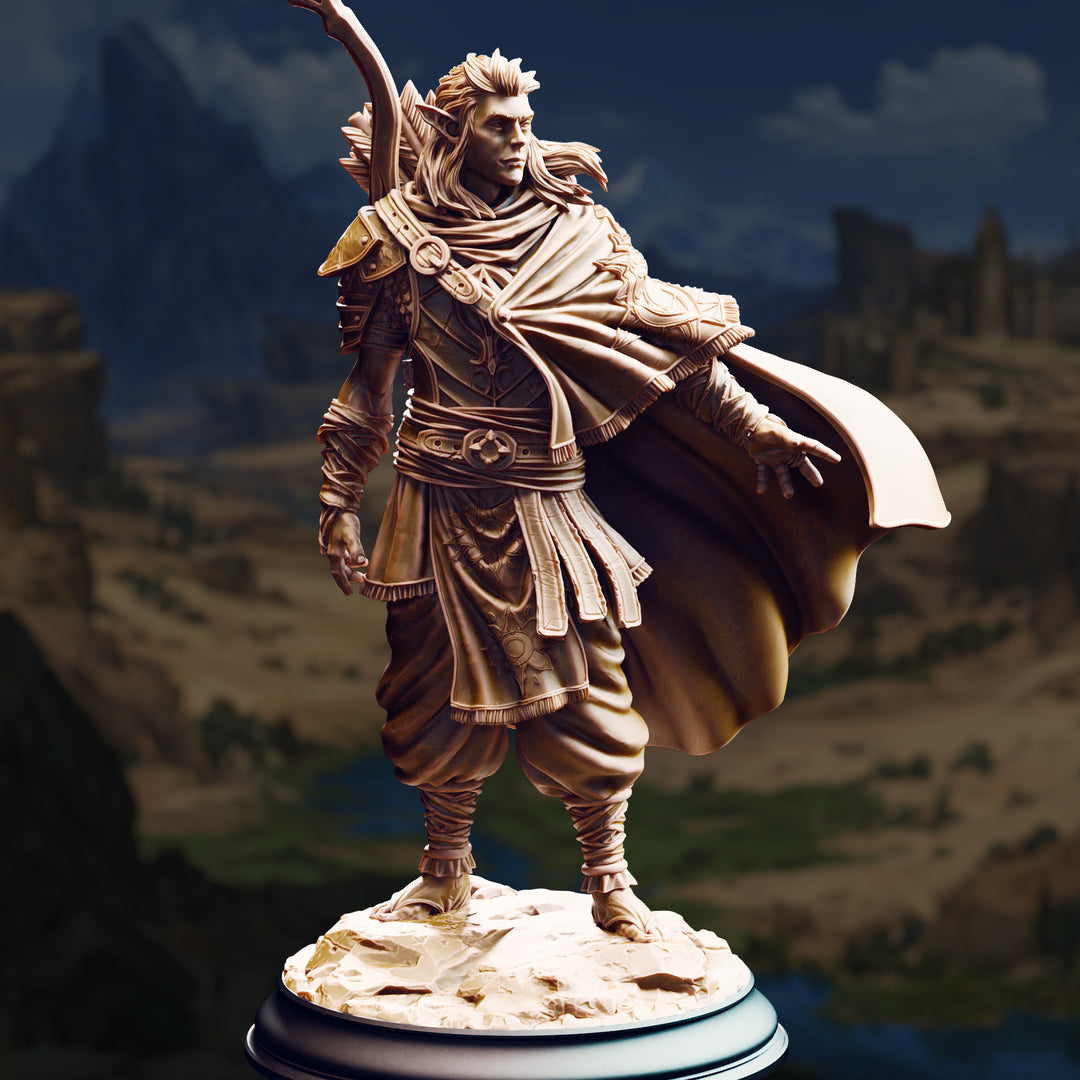 Sun Elf Tracker - Sactarin unpainted resin elf miniature by DM Stash, 28-32mm DnD tabletop model.