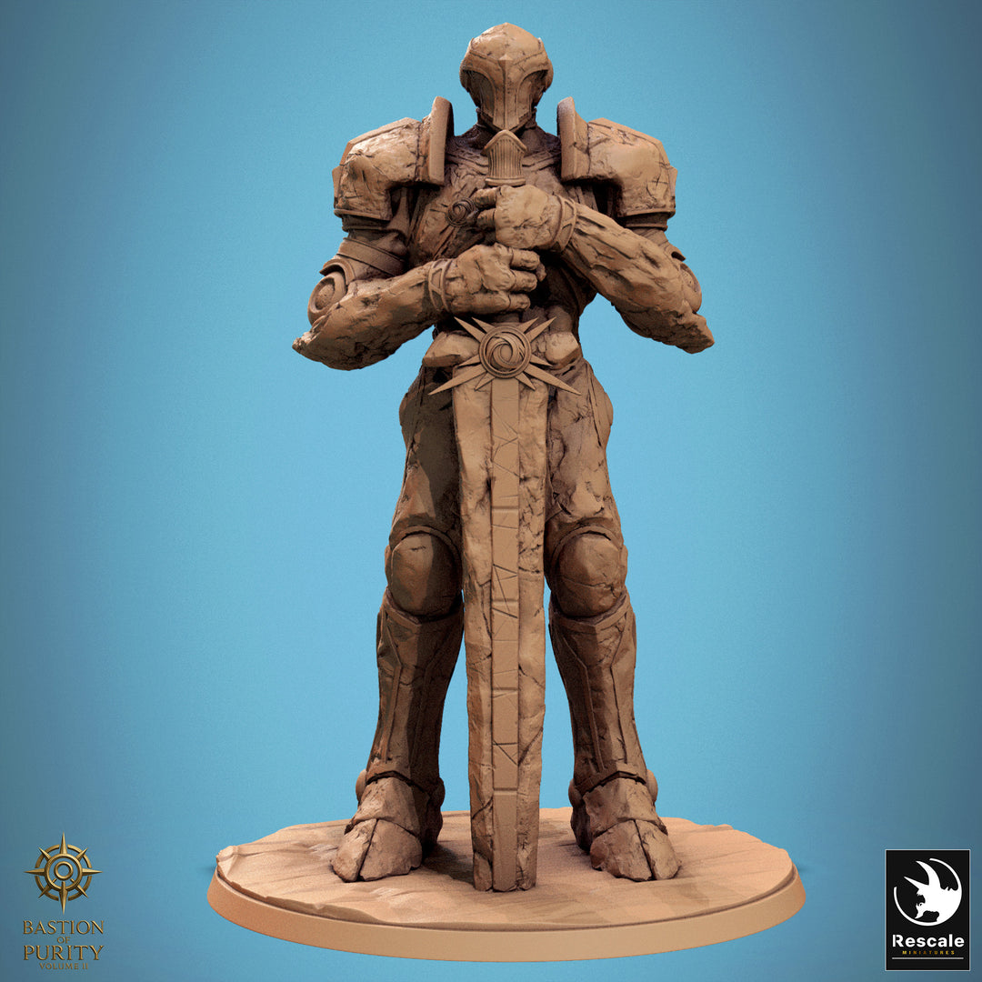 Sanctifed Stoneguard unpainted resin fantasy miniature by Rescale Miniatures, 28-32mm DnD tabletop model.