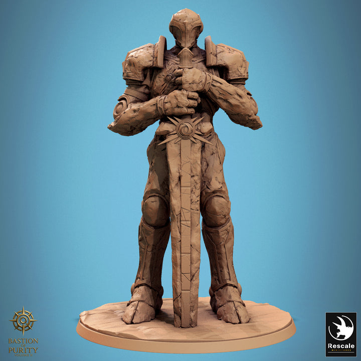 Sanctifed Stoneguard unpainted resin fantasy miniature by Rescale Miniatures, 28-32mm DnD tabletop model.