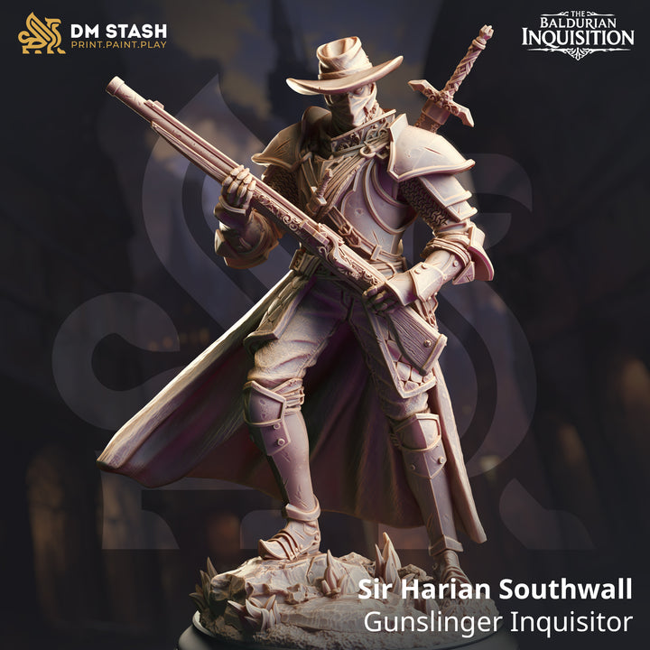 Inquisitor Guslinger - SIr Harian Southwall unpainted resin character miniature by DM Stash, 28-32mm DnD tabletop model.