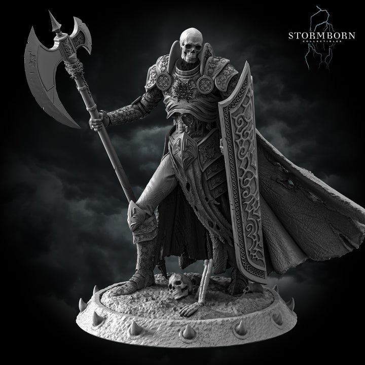 Skeleton Commander unpainted resin undead miniature by Stormborn Collectibles, 28-32mm DnD tabletop model.