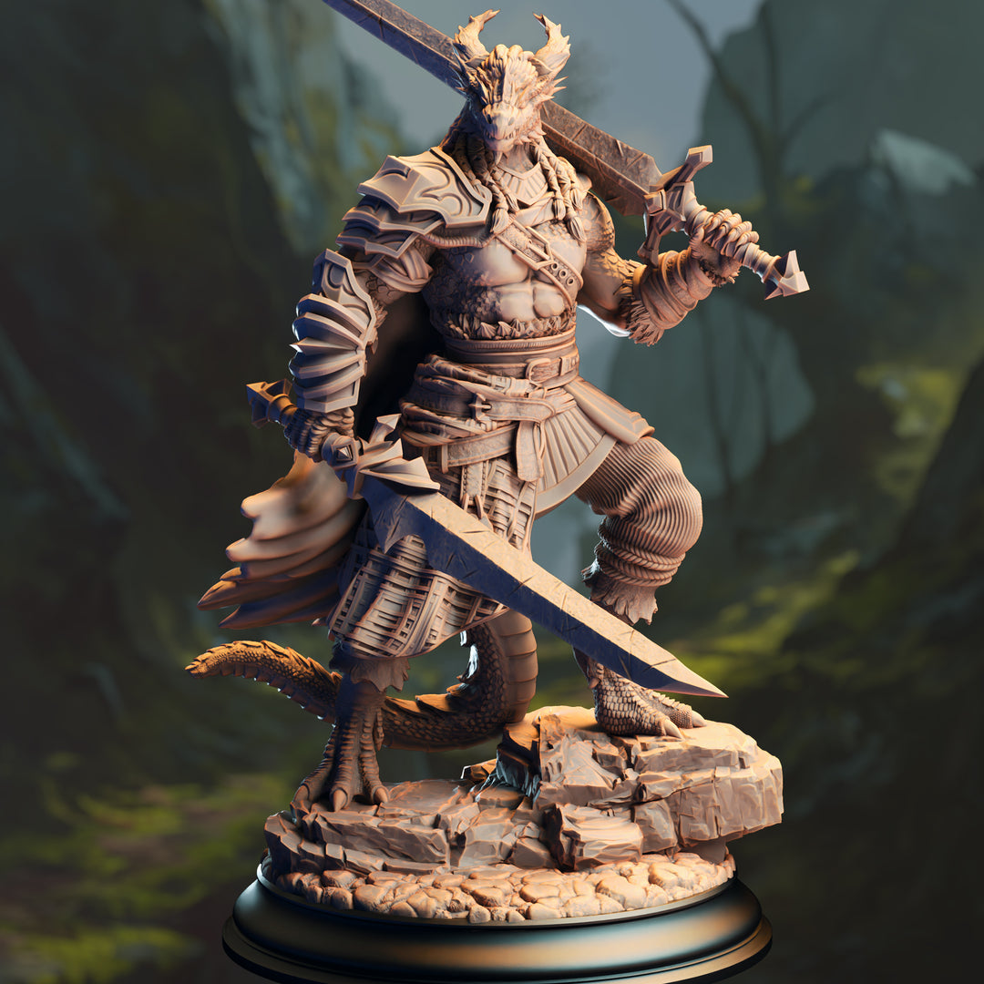 Black Dragonborn Barbarian - Skraa Dark-Eye unpainted resin dragonborn miniature by DM Stash, 28-32mm DnD tabletop model.