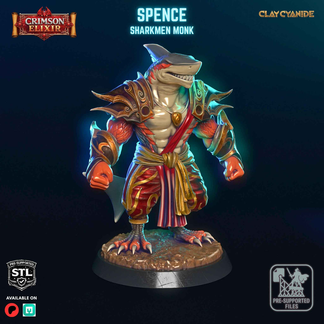 Spence - Sharkman Monk unpainted resin monk miniature by Clay Cyanide, 28-32mm DnD tabletop model.