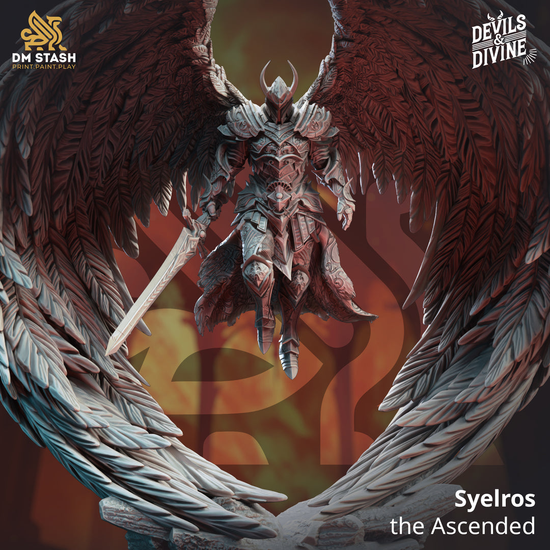 Ascended Angel of War - Syelros unpainted resin angel miniature by DM Stash, 28-32mm DnD tabletop model.