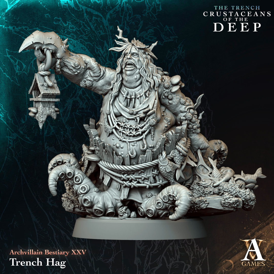 Trench Hag unpainted resin fantasy miniature by Archvillain Games, 28-32mm DnD tabletop model.