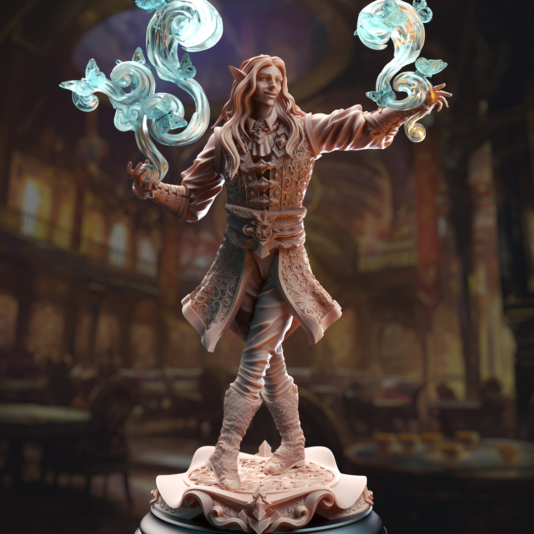 Elven Enchanting Sorcerer - Thalorad Goldhand unpainted resin elf miniature by DM Stash, 28-32mm DnD tabletop model.