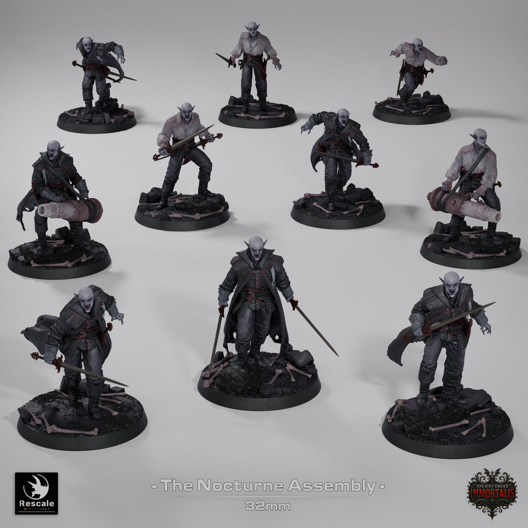 Nocturne Assembly Vampires unpainted resin vampire miniature by Rescale Miniatures, 28-32mm DnD tabletop model.