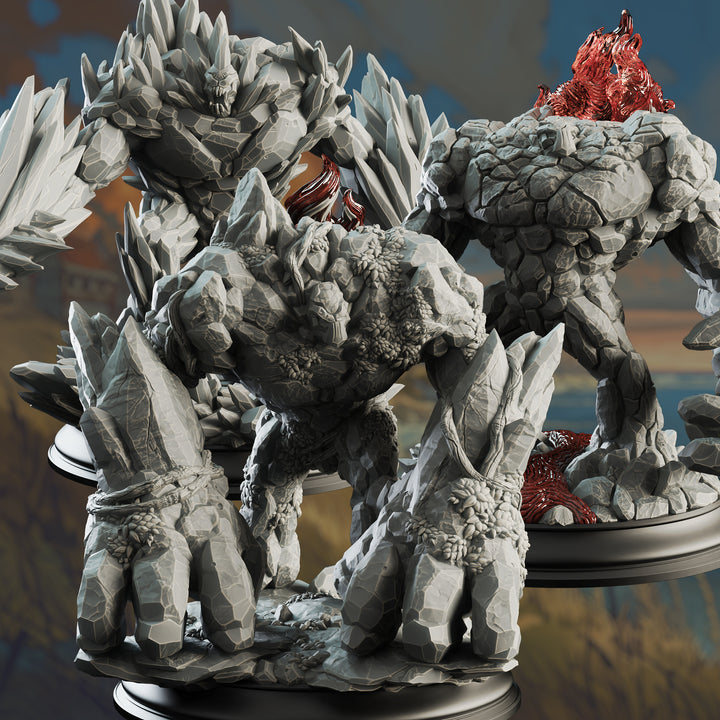 Elemental Golems - The Three Faces unpainted resin golem miniature by DM Stash, 28-32mm DnD tabletop model.
