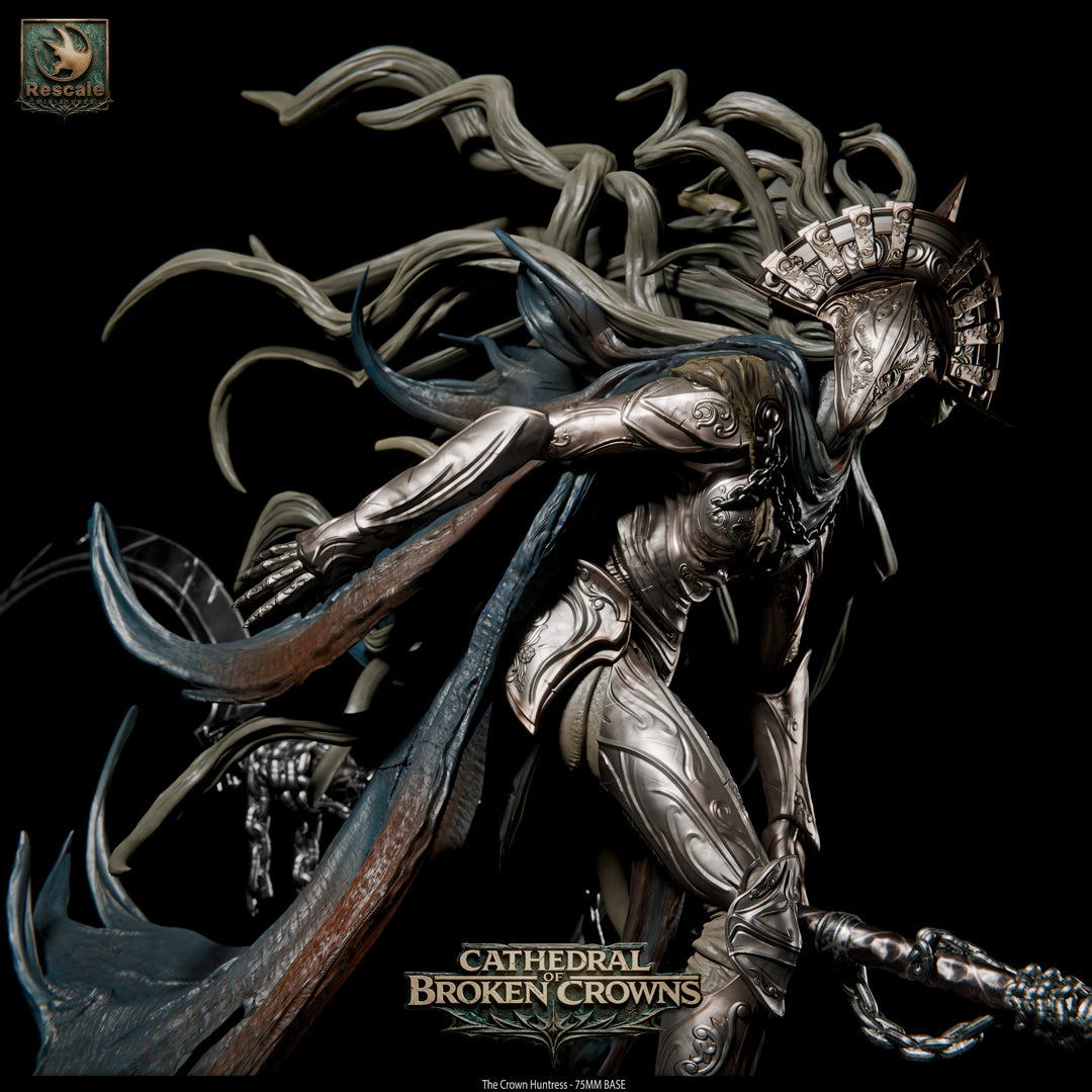 The Crown Huntress unpainted resin character miniature by Rescale Miniatures, 28-32mm DnD tabletop model.