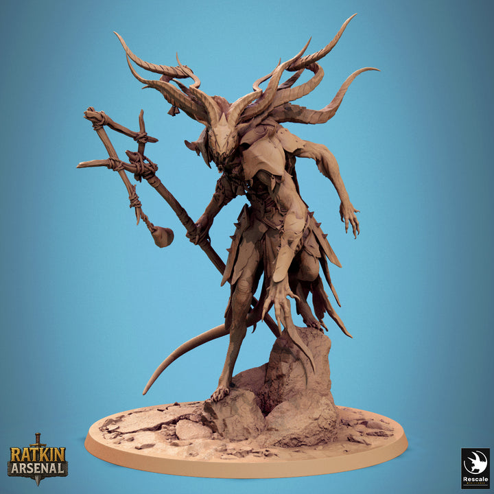 The Muck Priest unpainted resin ratfolk miniature by Rescale Miniatures, 28-32mm DnD tabletop model.