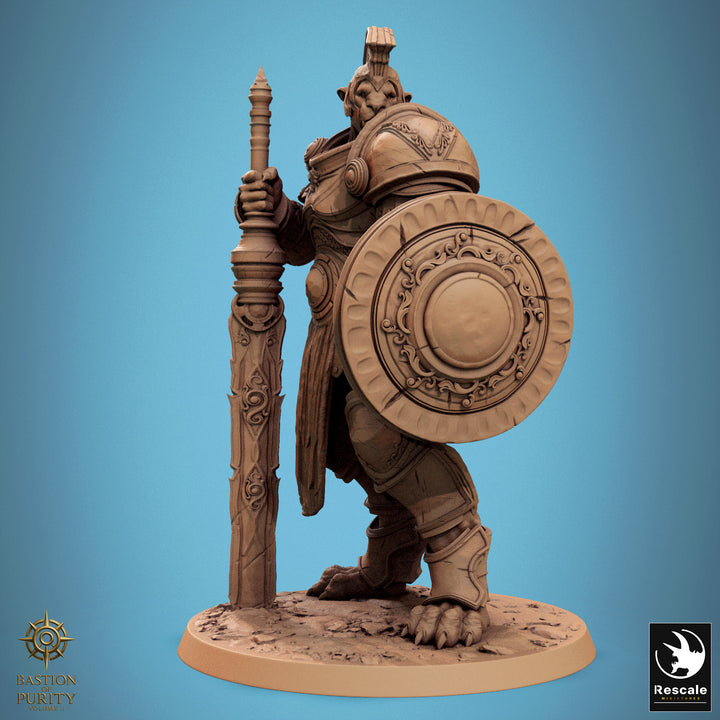 The Leonin Triad unpainted resin character miniature by Rescale Miniatures, 28-32mm DnD tabletop model.