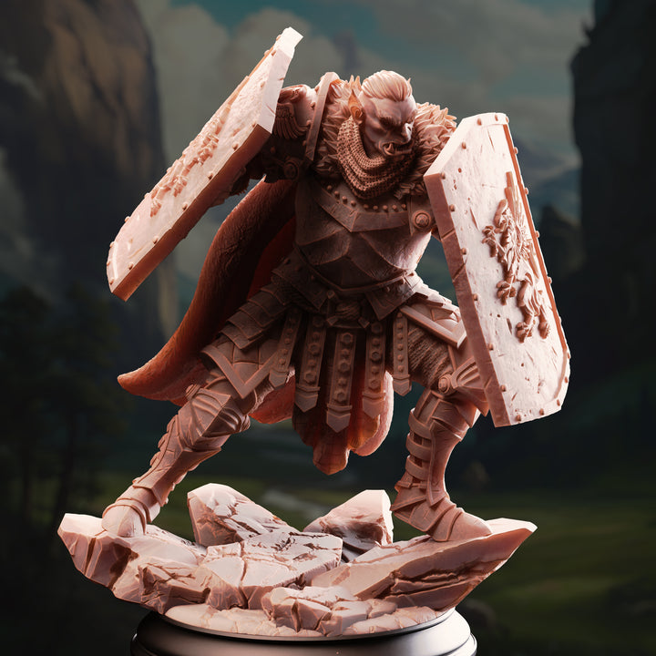 Orc Vanguard - Trenon Two Shields unpainted resin orc miniature by DM Stash, 28-32mm DnD tabletop model.