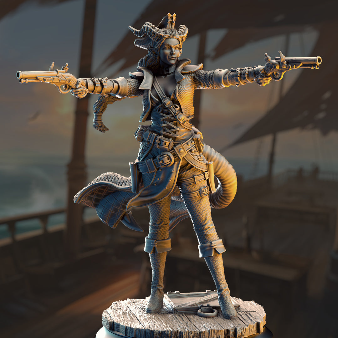 Pirate Tiefling Gunslinger - Trixie "Sureshot" Kelpie unpainted resin character miniature by DM Stash, 28-32mm DnD tabletop model.